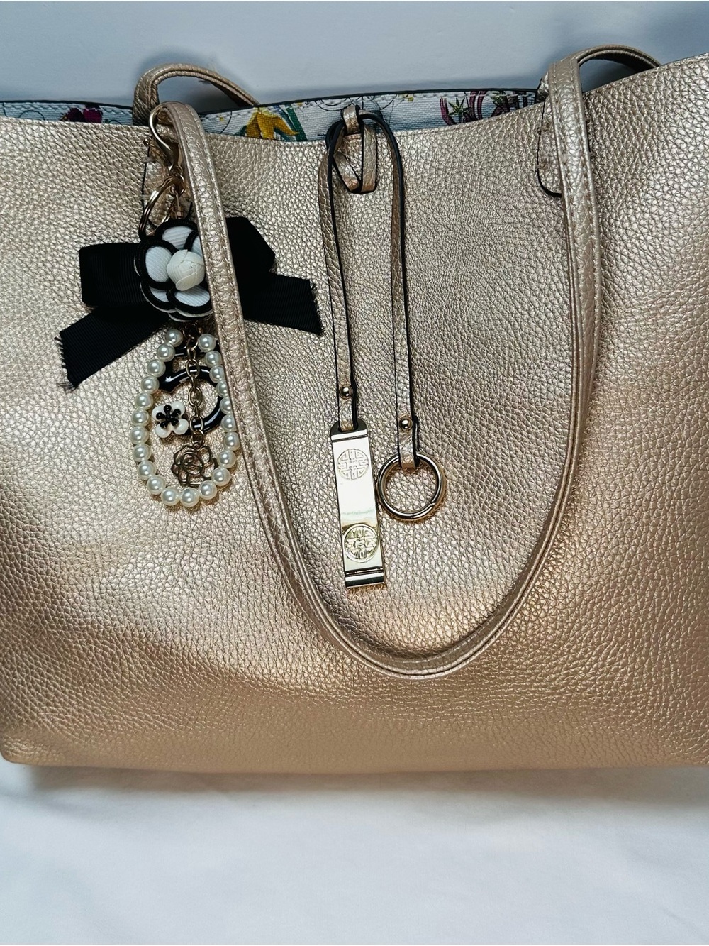 Floral Print Reversible Tote Bag with Gold Trim - Picture 7 of 11